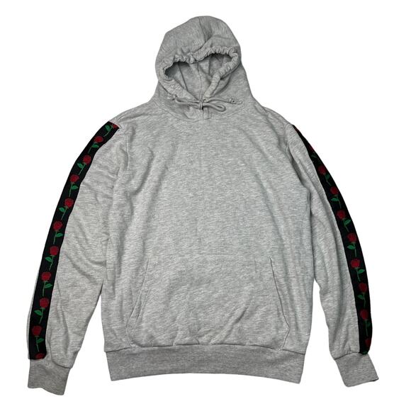 Forever 21 F21 Rose Stripe Sleeve Pullover Hoodie Sweatshirt Grey Mens Large - Picture 1 of 5